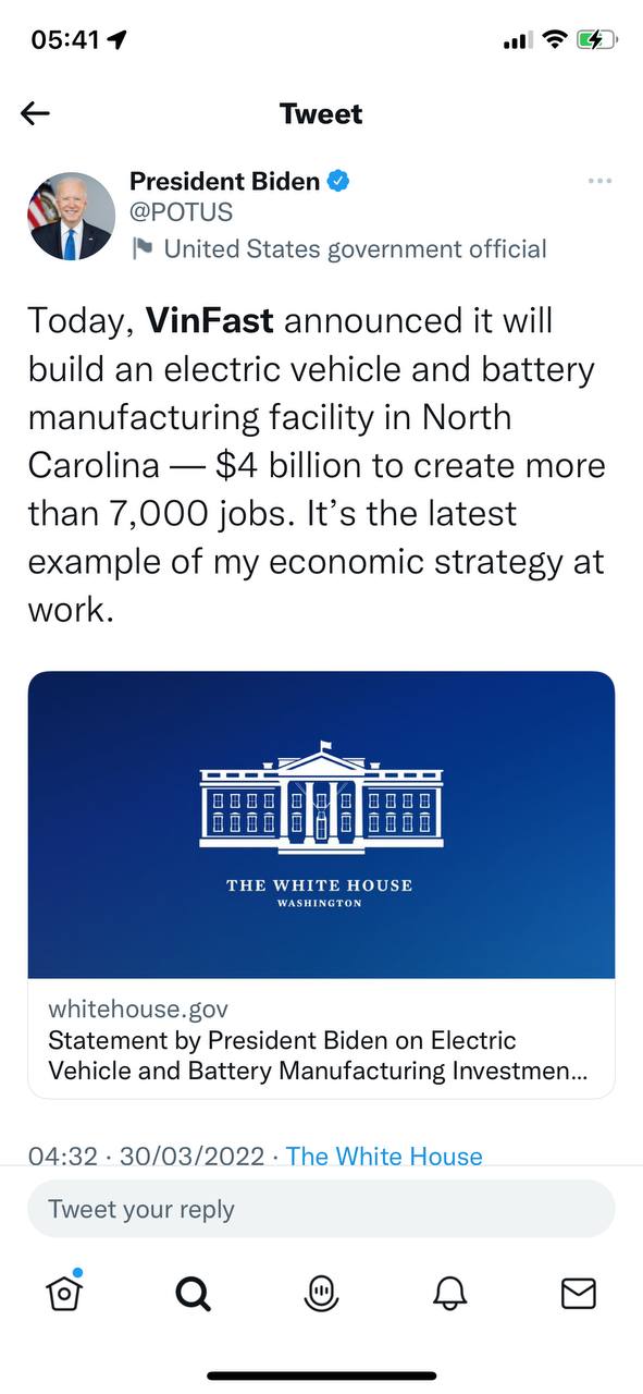 VinFast xây dựng nhà máy xe điện tại Bắc Carolina (Mỹ) mr-president-joe-biden-tweet.jpeg